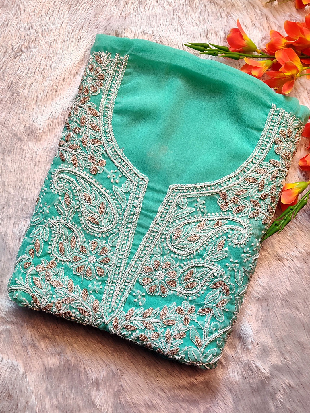 

Ethnava Embroidered Silk Georgette Unstitched Dress Material, Sea green