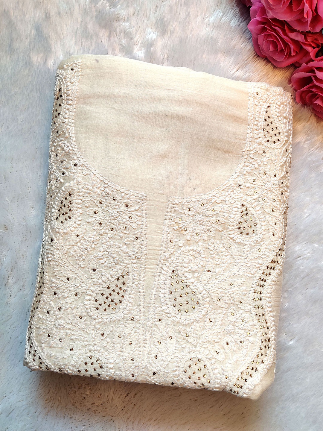 

Ethnava Embroidered Pure Cotton Unstitched Dress Material, Off white