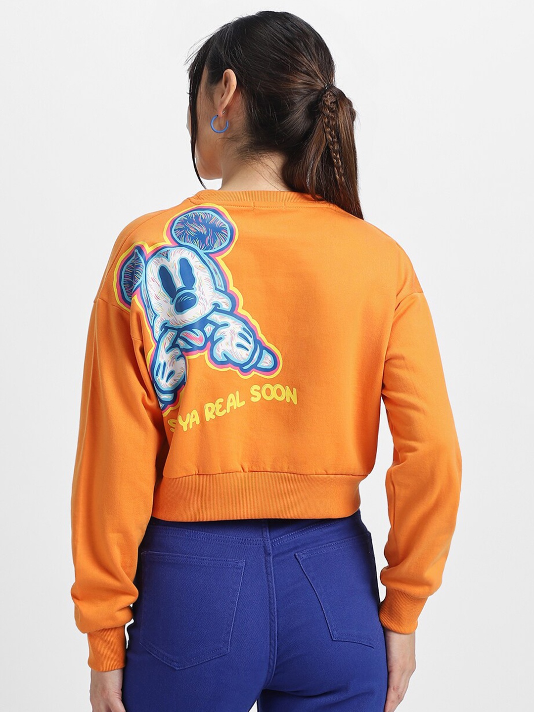 

JUNEBERRY Mickey Mouse Printed Crew Neck Fleece Pullover Cropped Sweatshirt, Orange