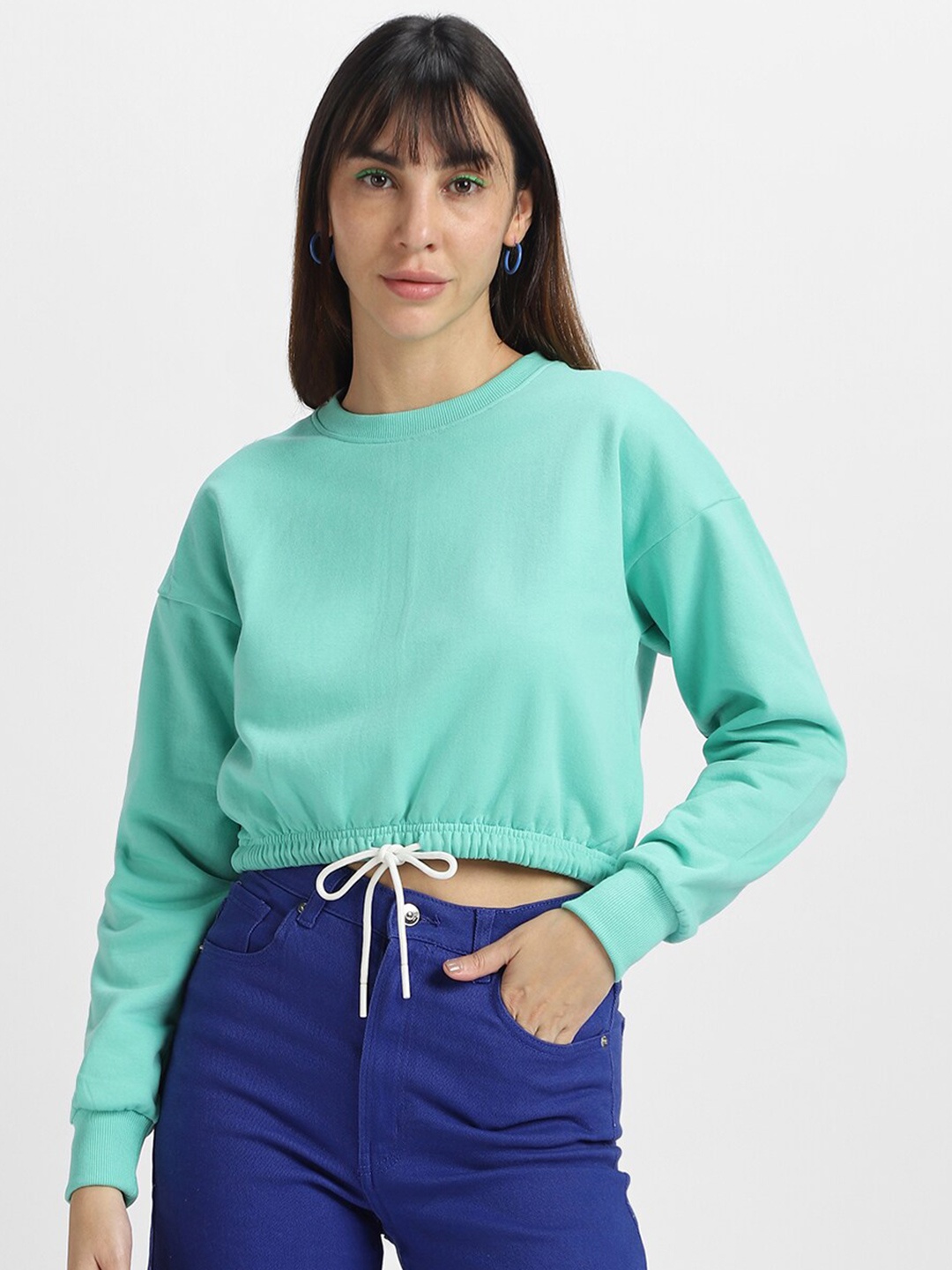 

JUNEBERRY Crew Neck Fleece Cropped Pullover Sweatshirt, Green
