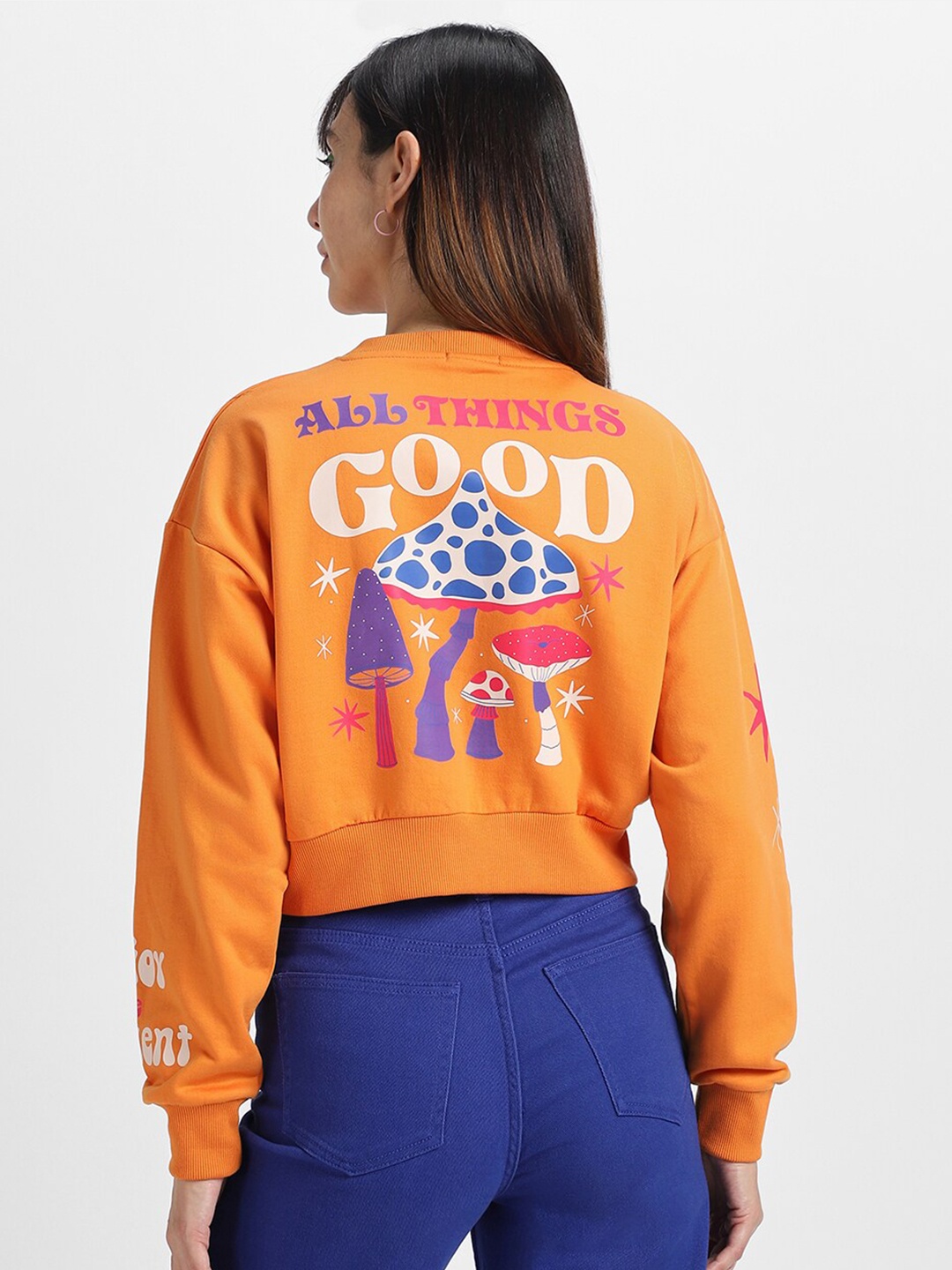 

JUNEBERRY Printed Crop Fleece Sweatshirt, Orange