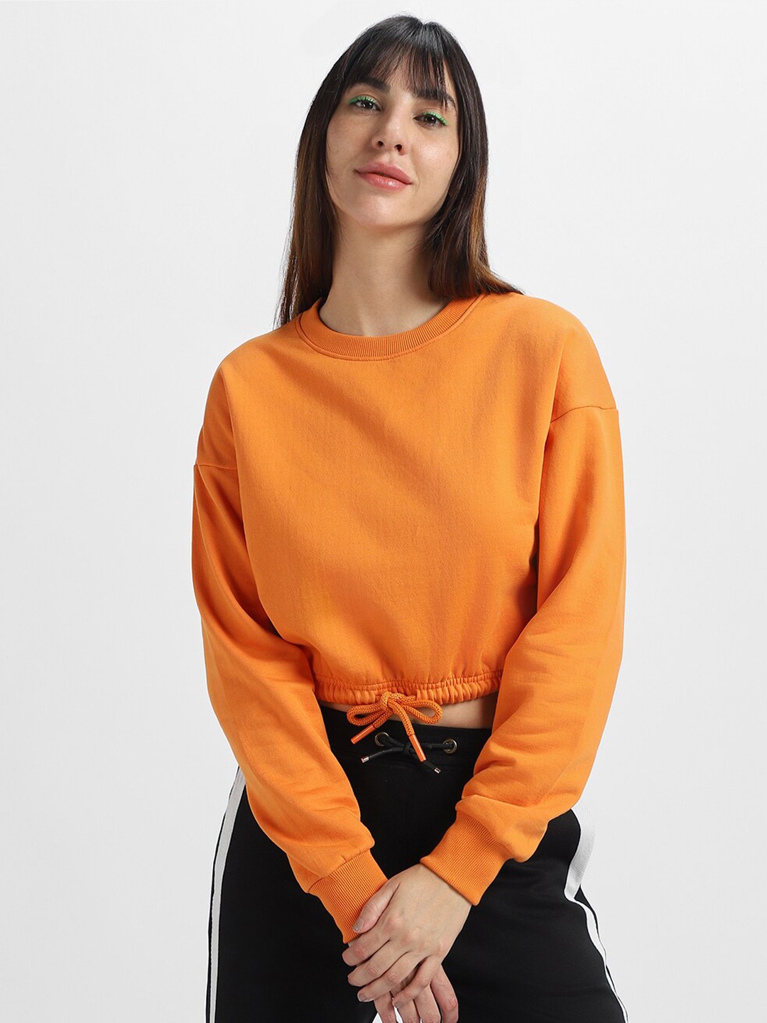 

JUNEBERRY Drop-Shoulder Sleeves Crop Pullover Fleece Sweatshirt, Orange