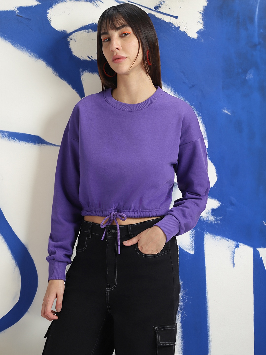 

JUNEBERRY Crew Neck Fleece Cropped Pullover Sweatshirt, Purple
