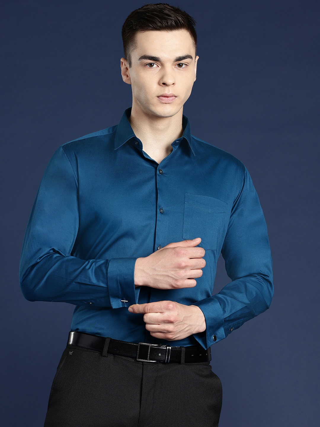 

Hancock Premium Slim Fit Spread Collar Pocket Cotton Satin Formal Shirt, Turquoise blue