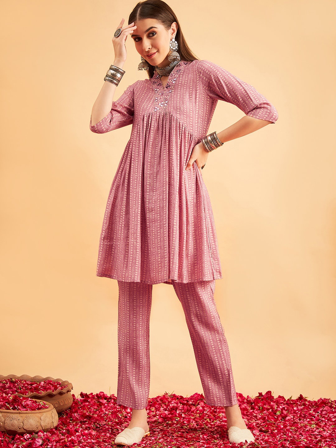 

Sangria Printed & Embroidered A-Line Kurta With Trouser, Mauve
