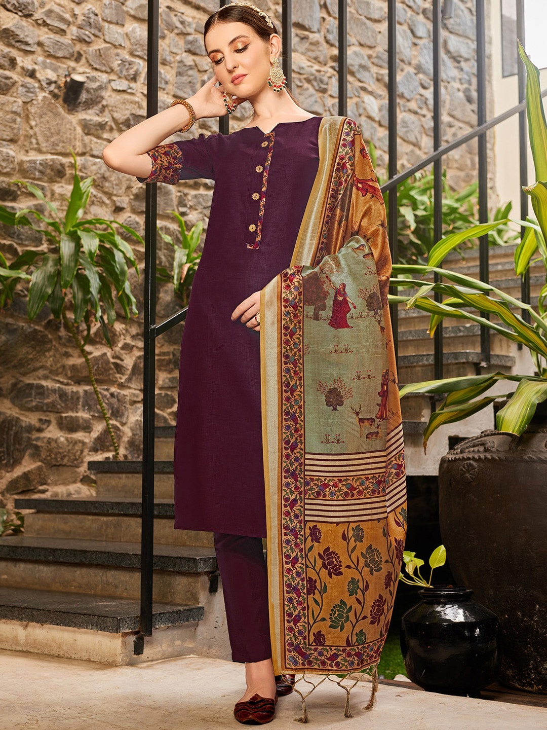 

KALINI Beads and Stones Kurta With Trousers & Printed Dupatta, Purple