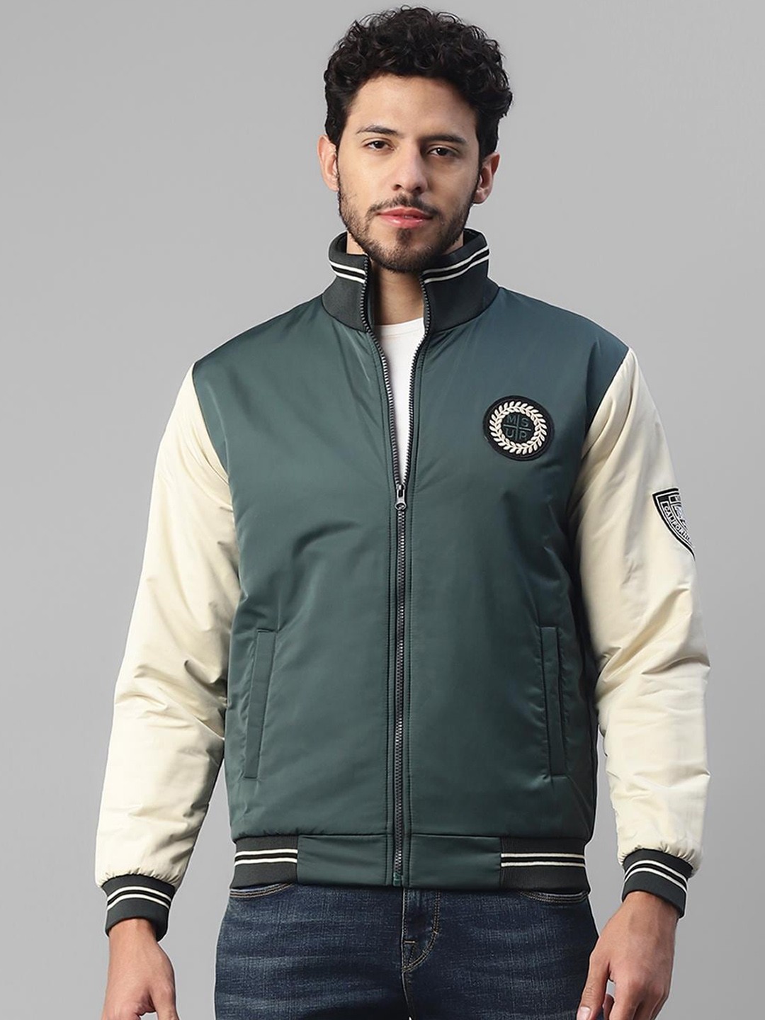 

UrbanMark Mock Collar Varsity Jacket, Green