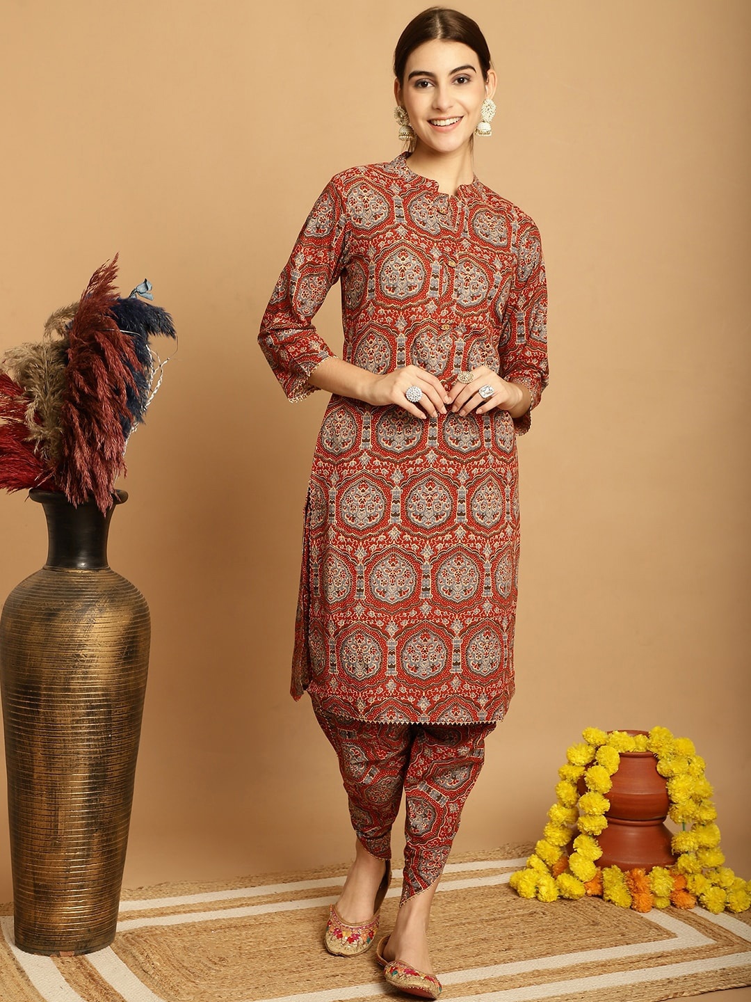 

Assamica Ethnic Motifs Printed Pure Cotton Kurta with Dhoti Pants, Coffee brown