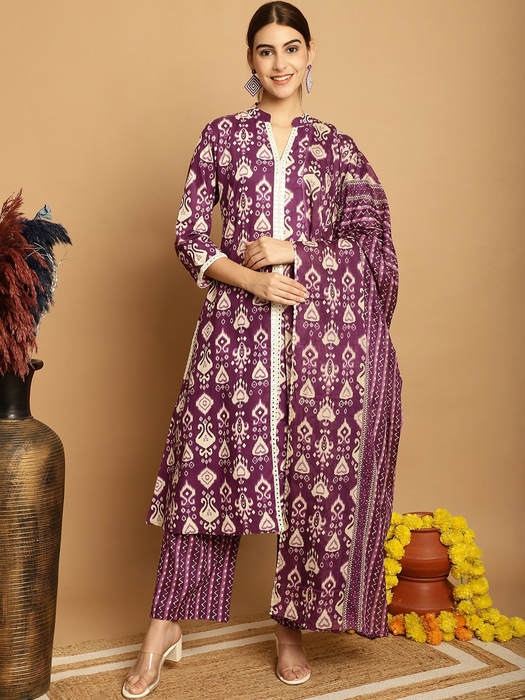 

Assamica Ethnic Motifs Printed Mirror Work Pure Cotton Kurta With Palazzos & Dupatta, Purple