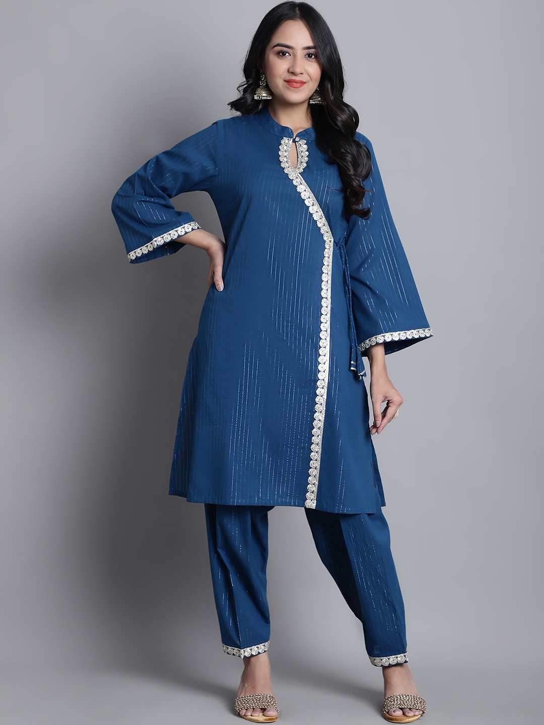 

Assamica Striped Mandarin Collar Angrakha Gotta Patti Pure Cotton Kurta With Salwar, Blue