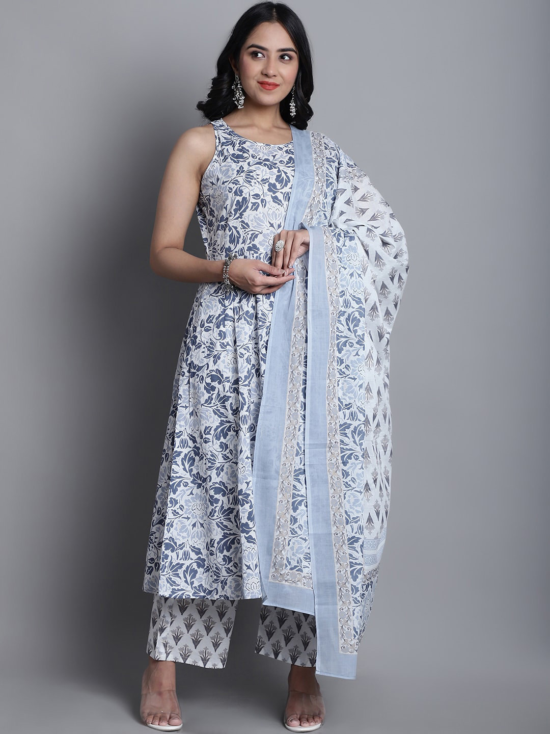

Assamica Floral Printed Pleated A-Line Pure Cotton Kurta With Palazzos & Dupatta, Grey