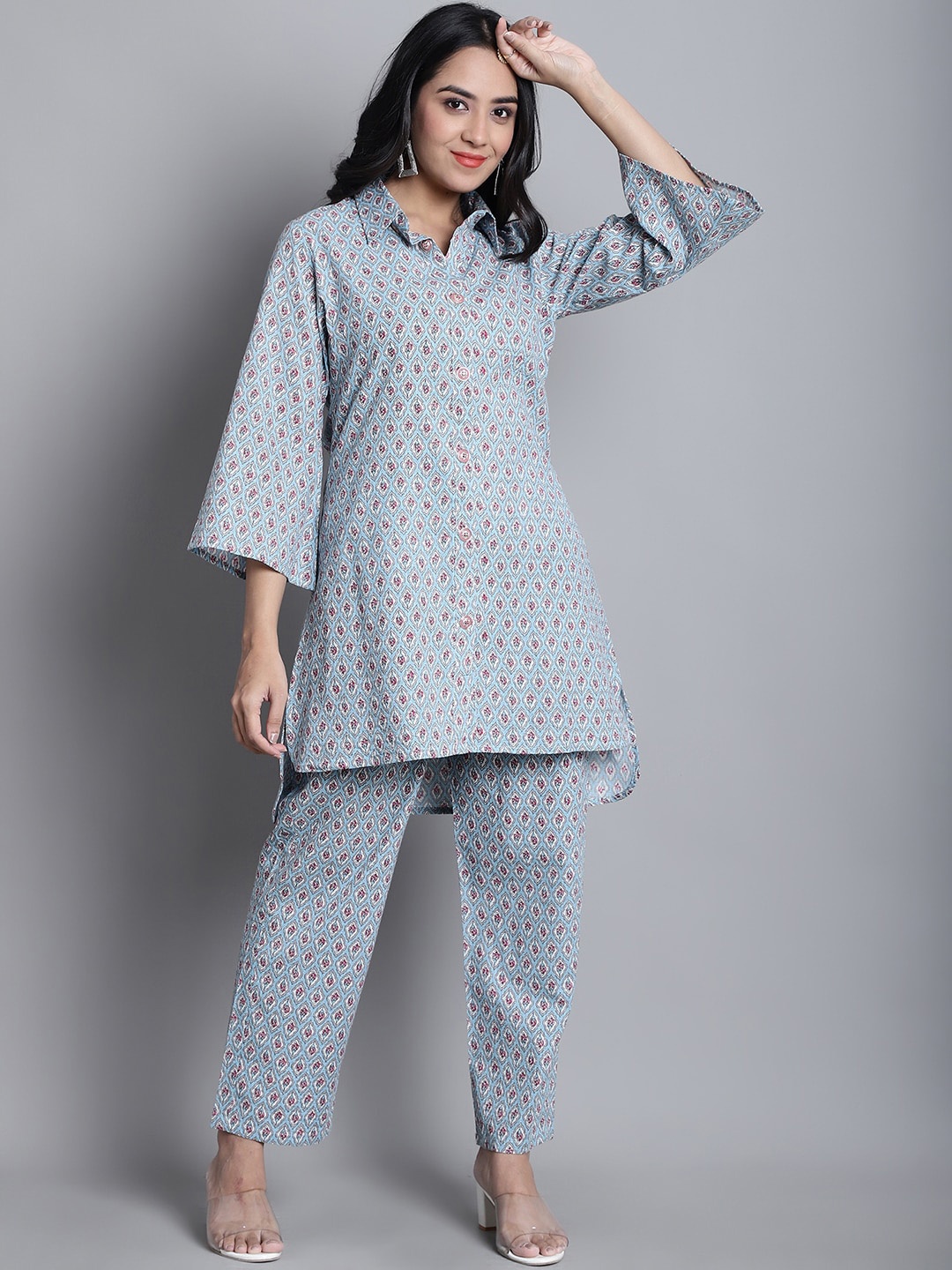 

Assamica Ethnic Motifs Printed A-Line Dobby Pure Cotton Kurta With Palazzos, Blue