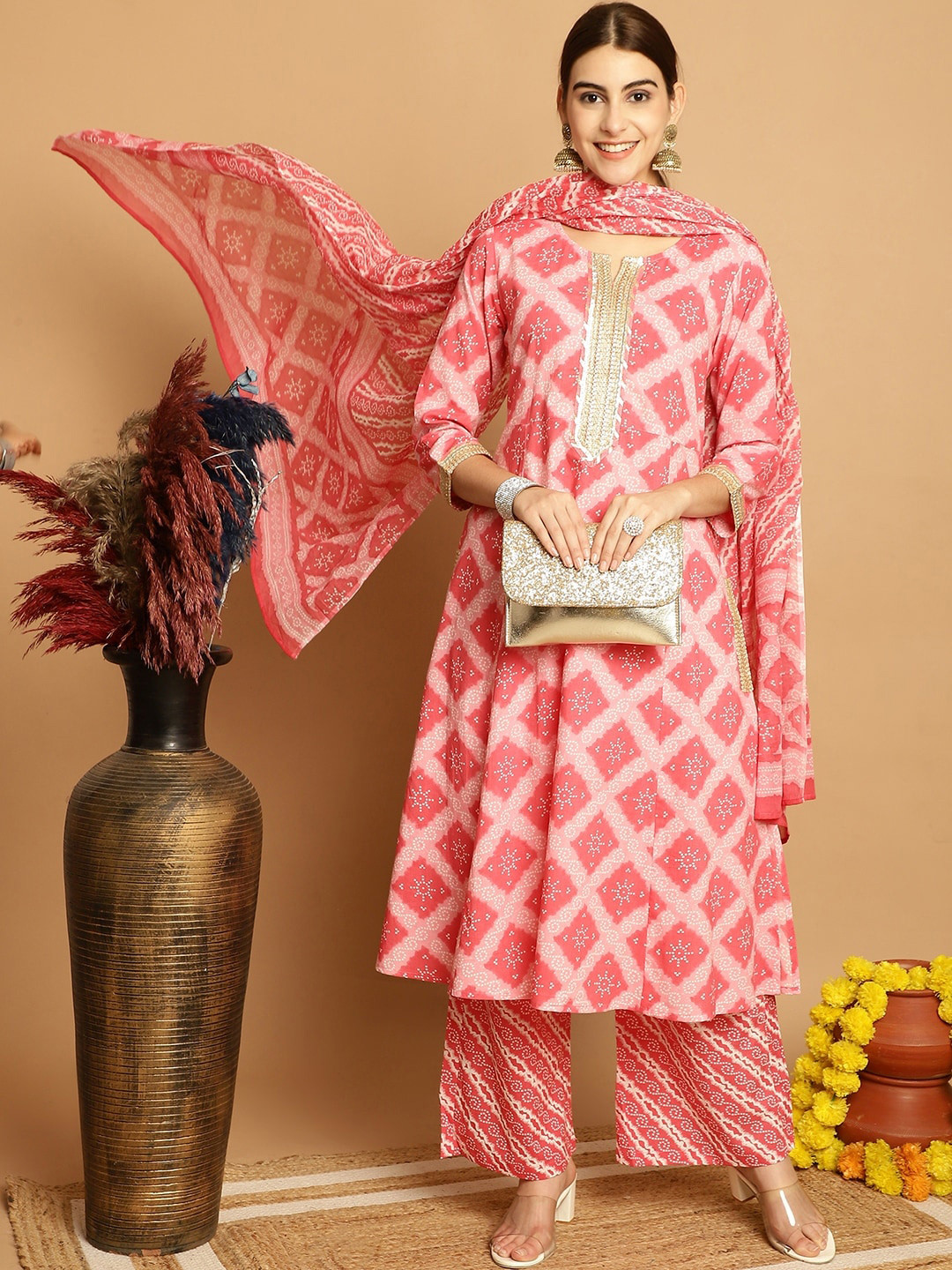 

Assamica Bandhani Printed A-Line Gotta Patti Pure Cotton Kurta With Palazzos & Dupatta, Peach