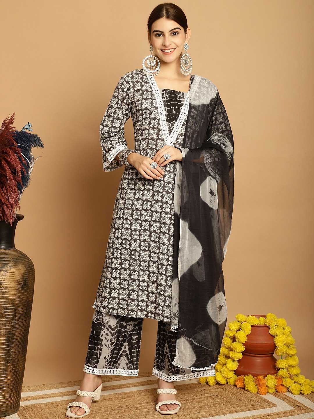 

Assamica Ethnic Motifs Printed Pure Cotton Kurta With Palazzos & Dupatta, Black