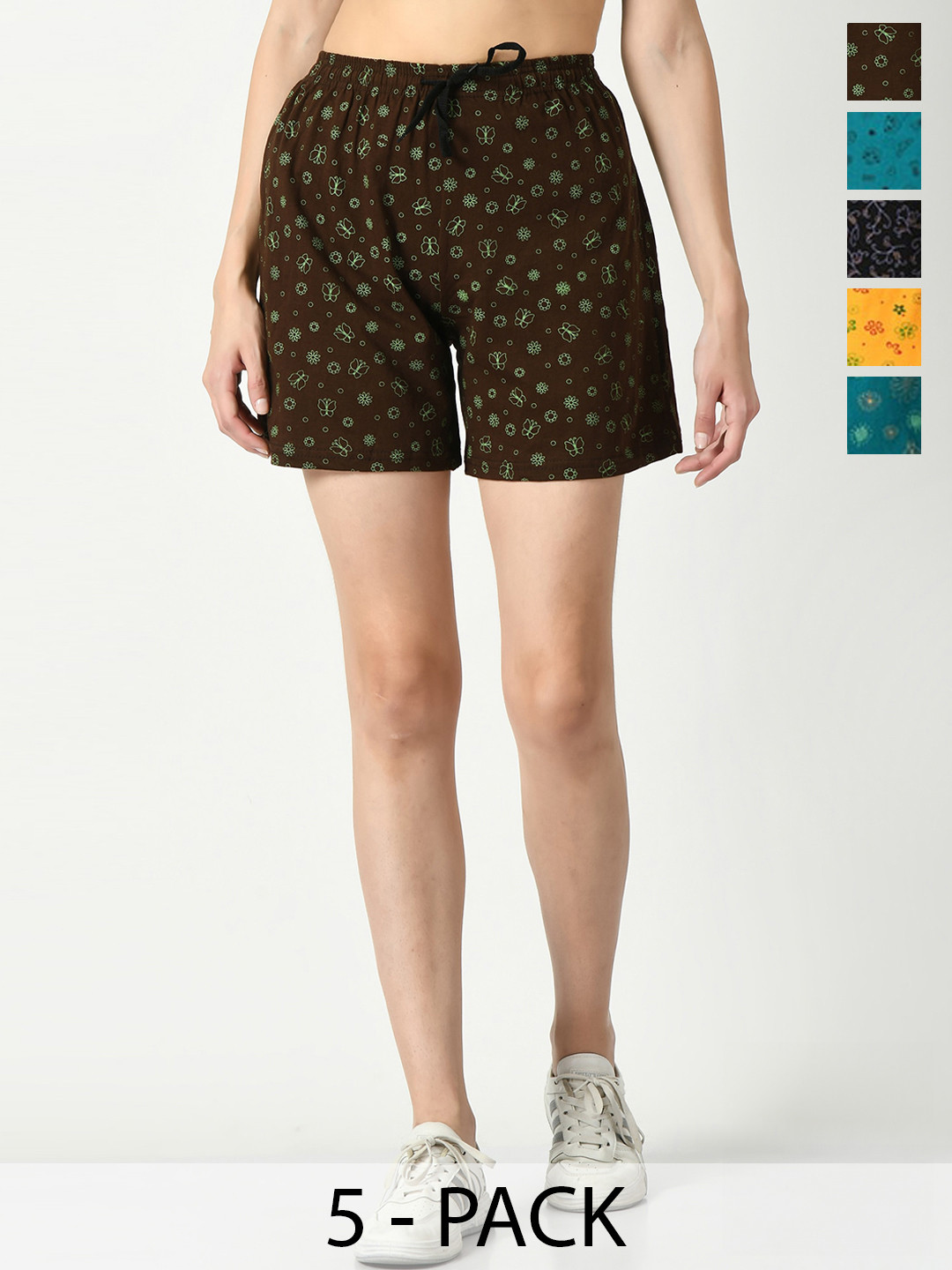 

IndiWeaves Women Pack Of 5 High-Rise Floral Printed Pure Cotton Shorts, Brown