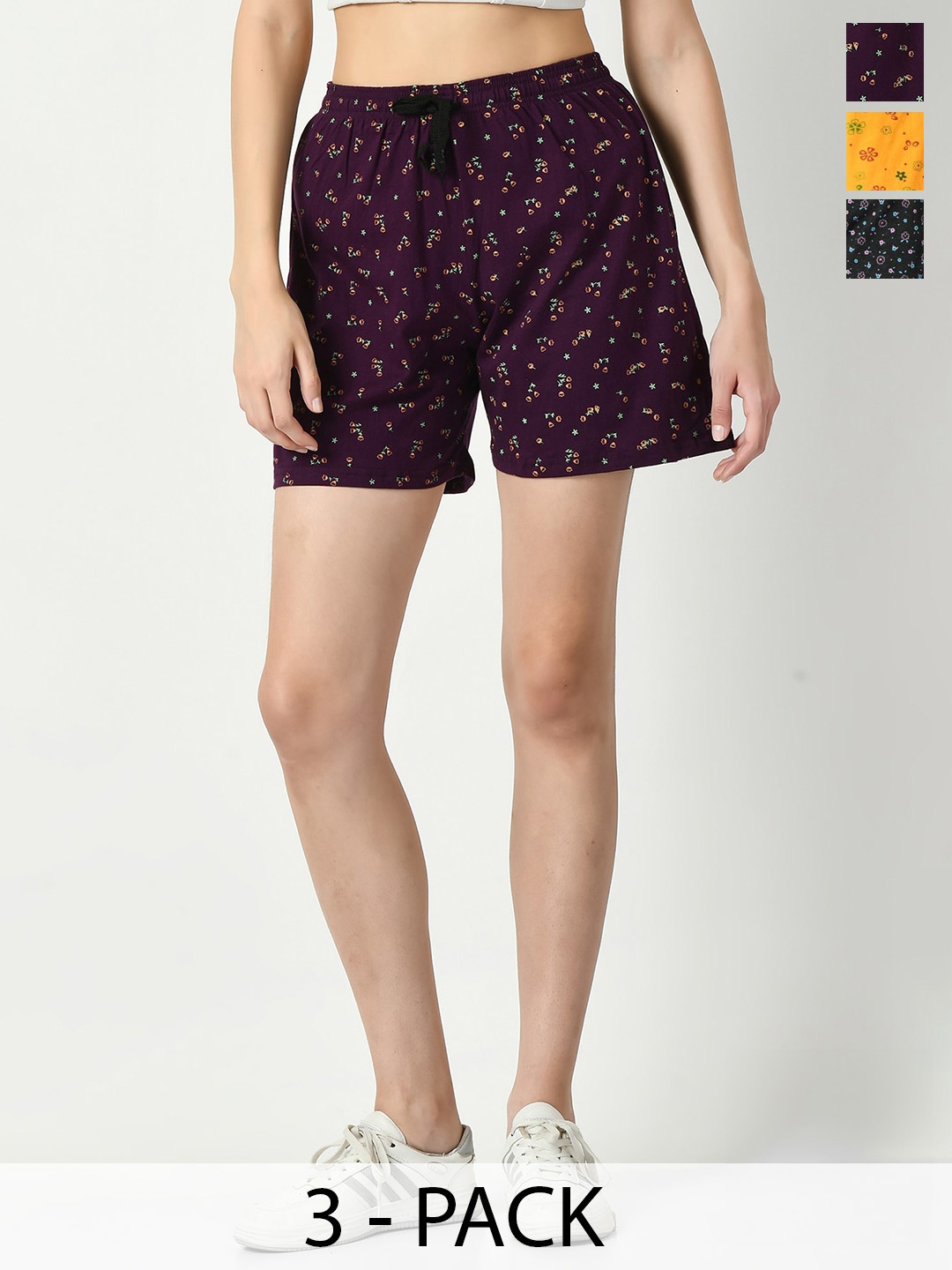 

IndiWeaves Women Pack Of 3 Floral Printed High-Rise Pure Cotton Shorts, Brown
