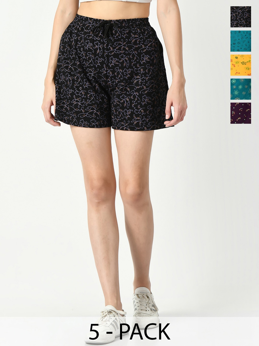 

IndiWeaves Women Pack Of 5 Printed High-Rise Cotton Shorts, Yellow