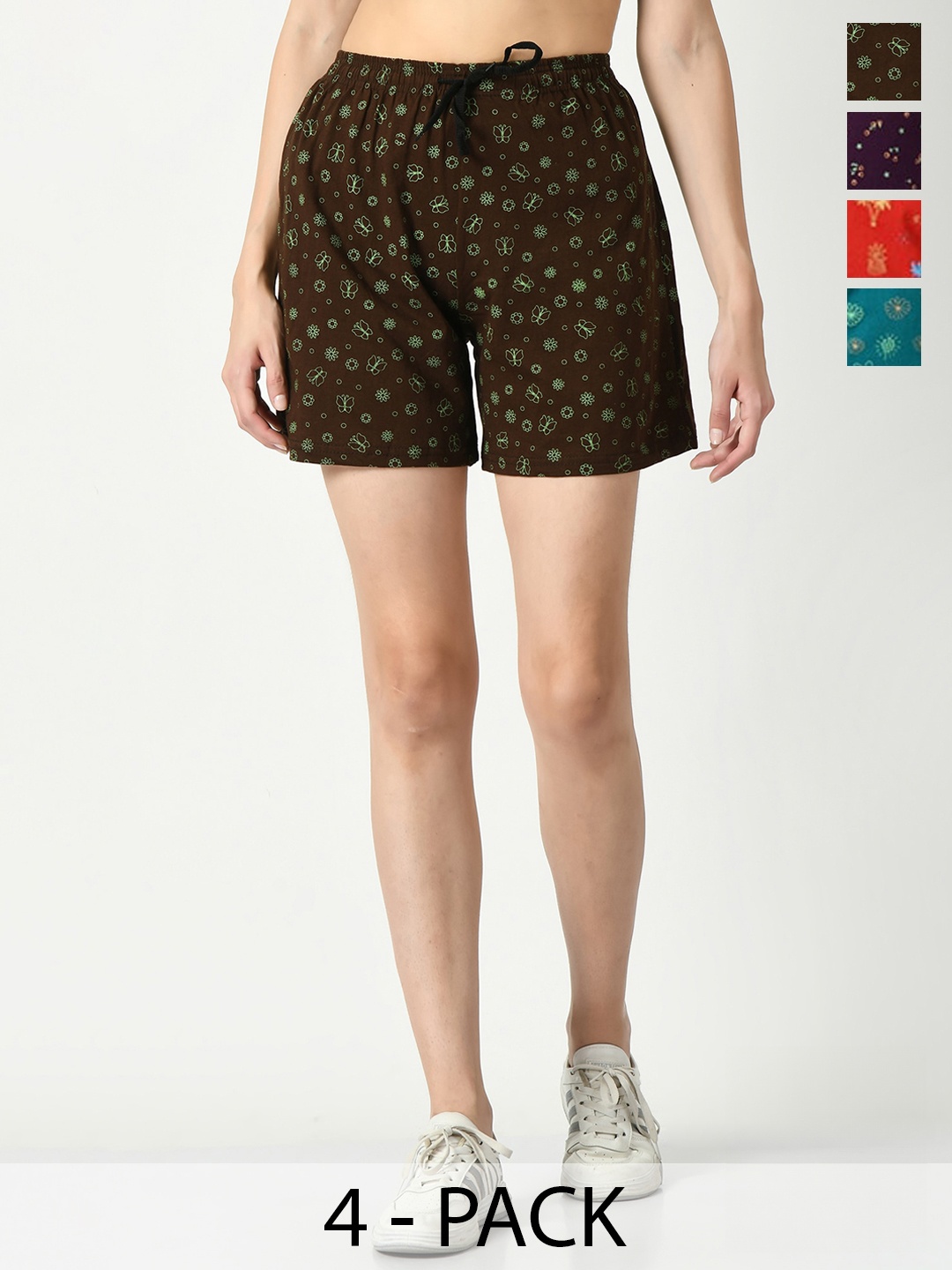 

IndiWeaves Women Pack Of 4 Printed Regular Fit Cotton Shorts, Red