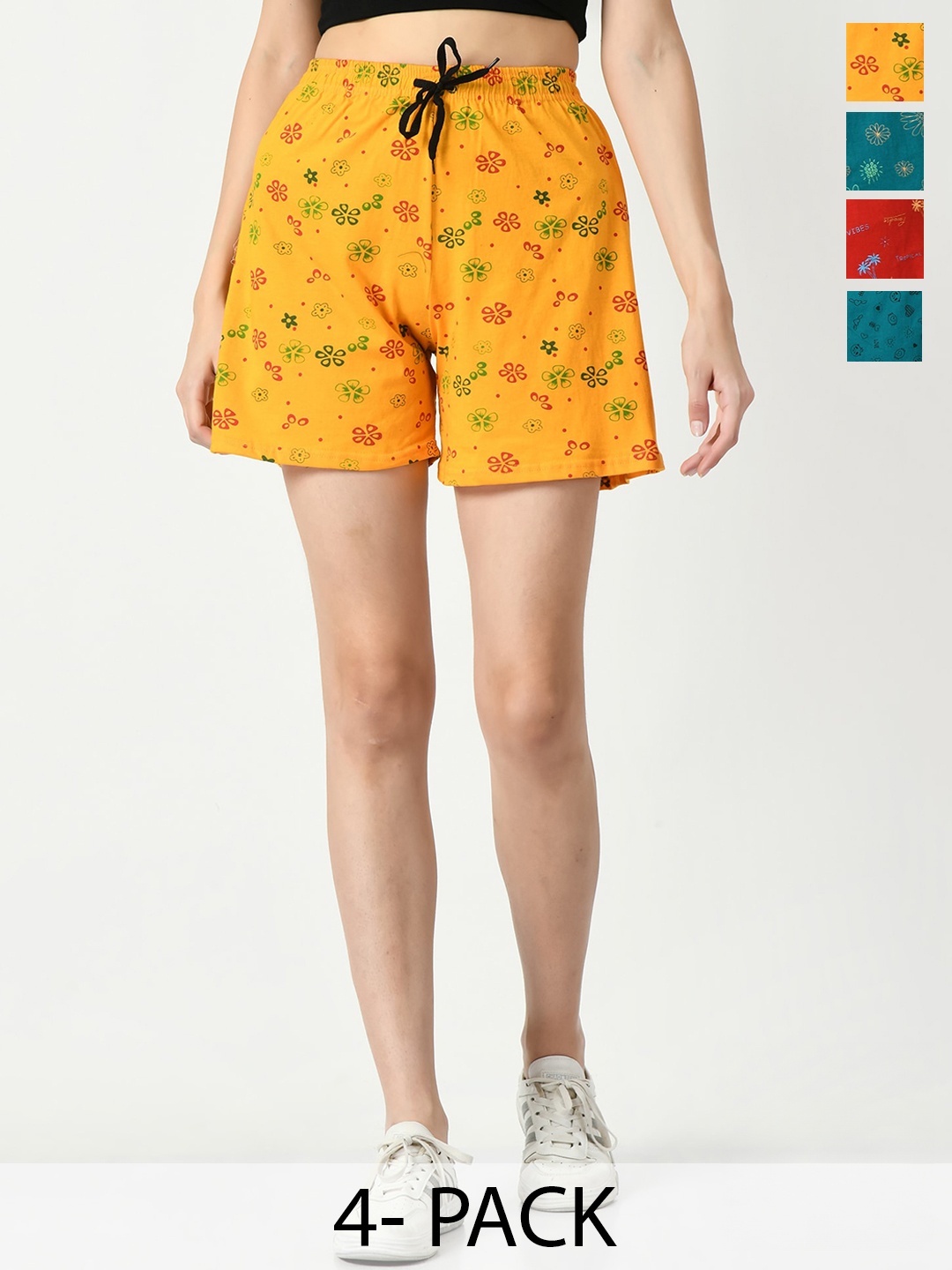 

IndiWeaves Women Pack Of 4 Floral Printed Pure Cotton Hot Pants Shorts, Yellow