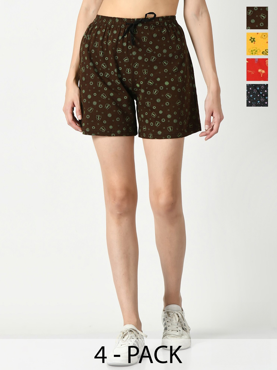 

IndiWeaves Women Pack Of 4 High-Rise Floral Printed Pure Cotton Shorts, Brown