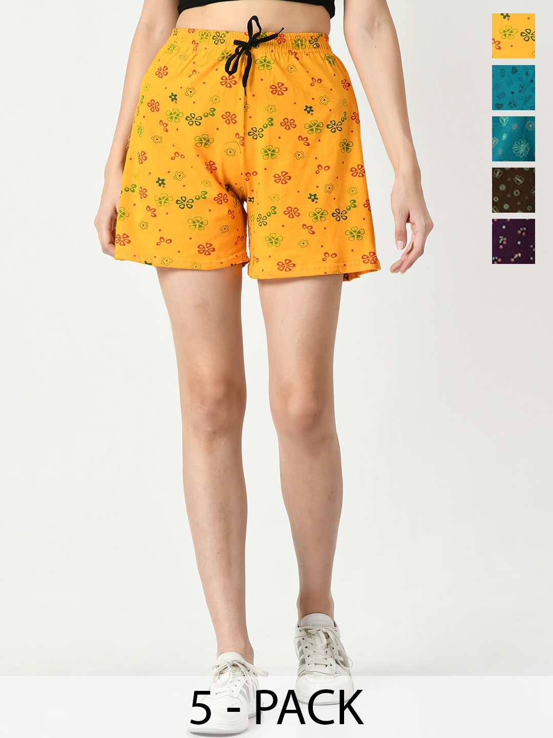 IndiWeaves Women Pack Of 5 High-Rise Floral Printed Pure Cotton Shorts, Yellow