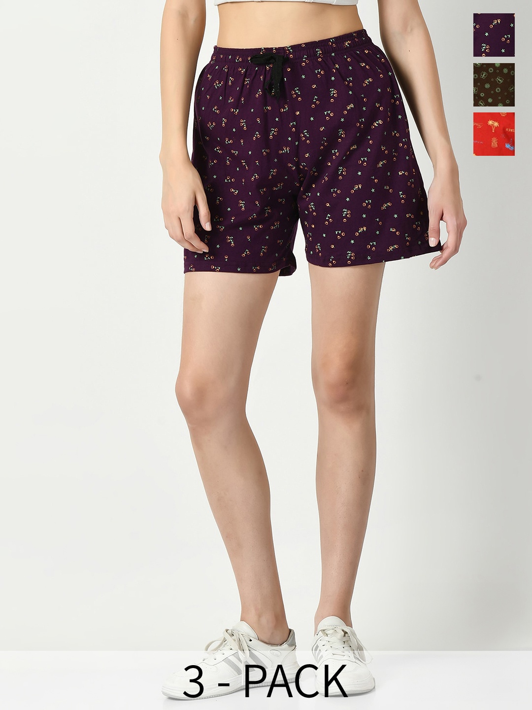 

IndiWeaves Pack Of 3 Abstract Printed High-Rise Pure Cotton Shorts, Burgundy