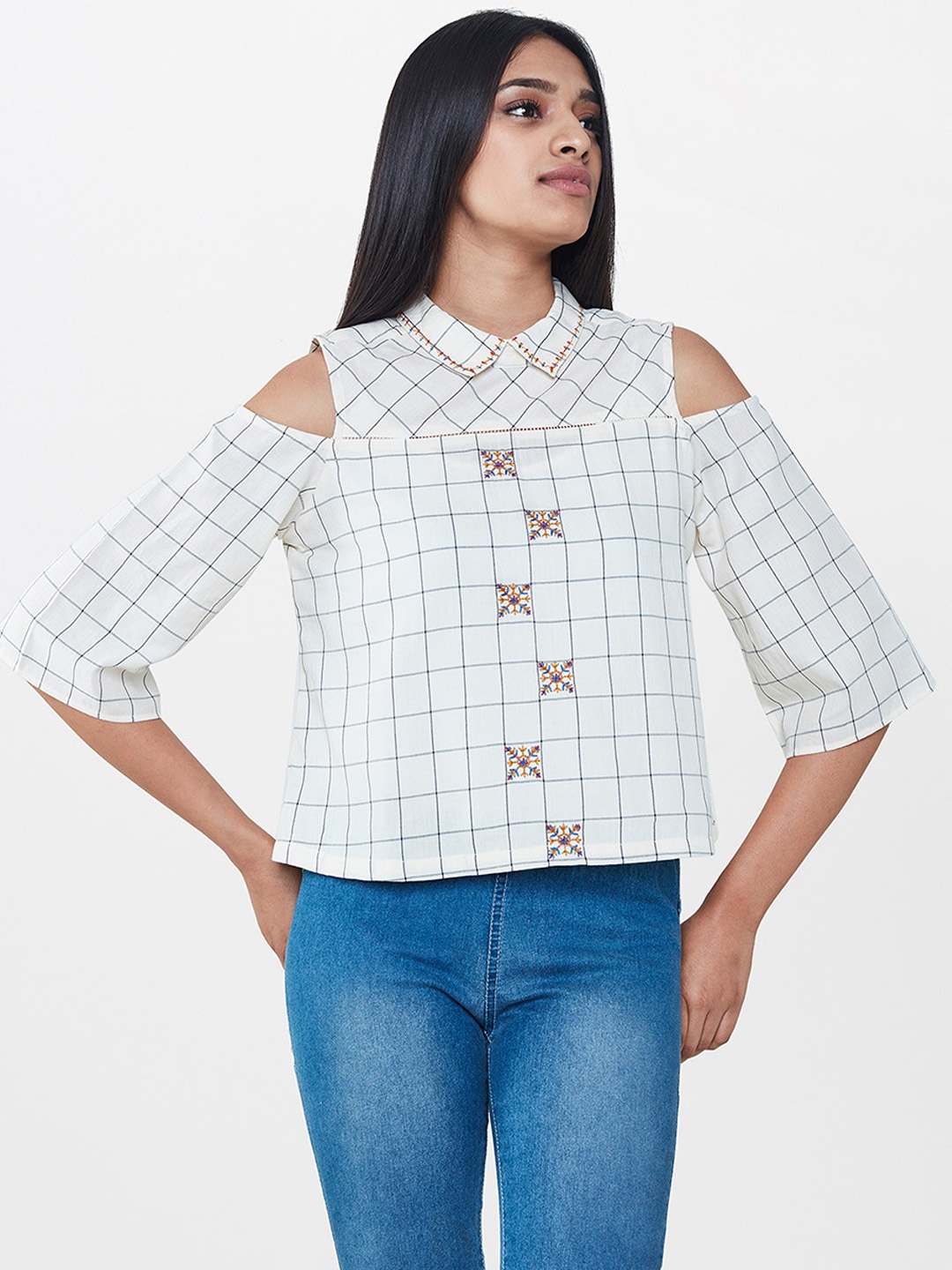 

AND Women Cream-Coloured Checked Top