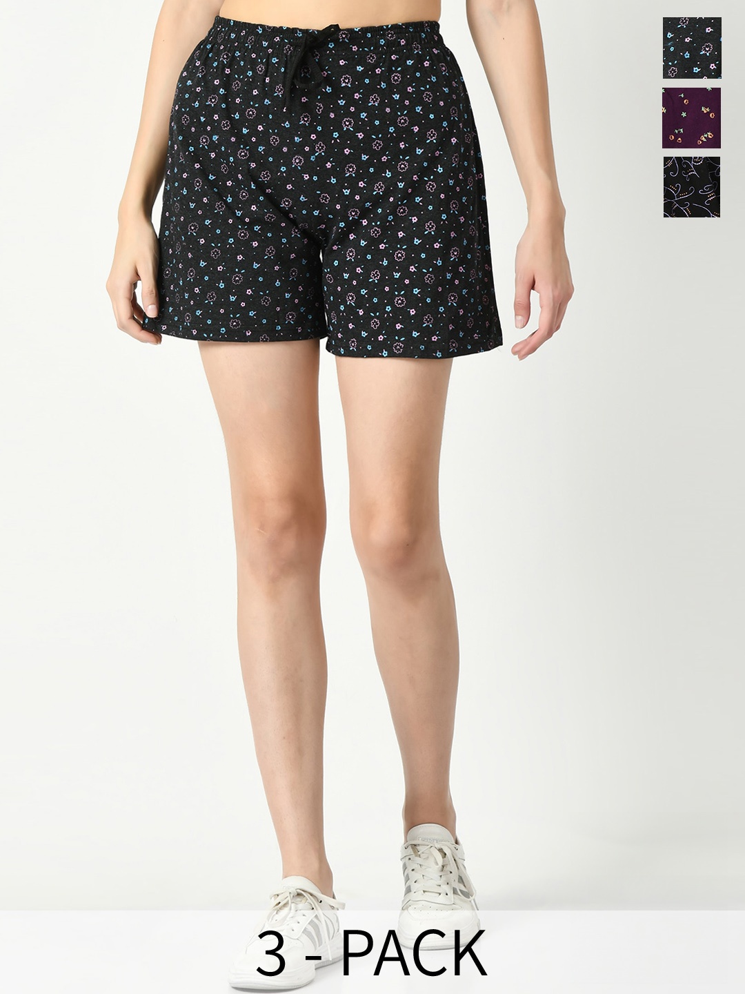 

IndiWeaves Women Pack Of 3 Printed High-Rise Cotton Shorts, Purple