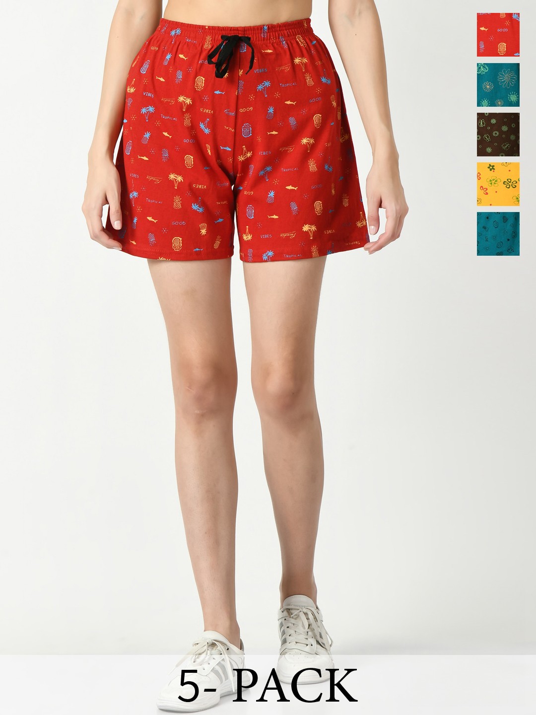 

IndiWeaves Women Pack Of 5 Printed Regular Fit High-Rise Cotton Shorts, Red