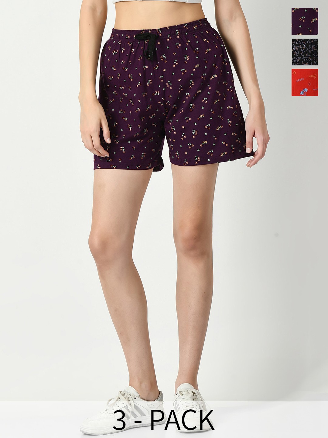 

IndiWeaves Women Pack Of 3 Printed Regular Fit High-Rise Cotton Shorts, Purple