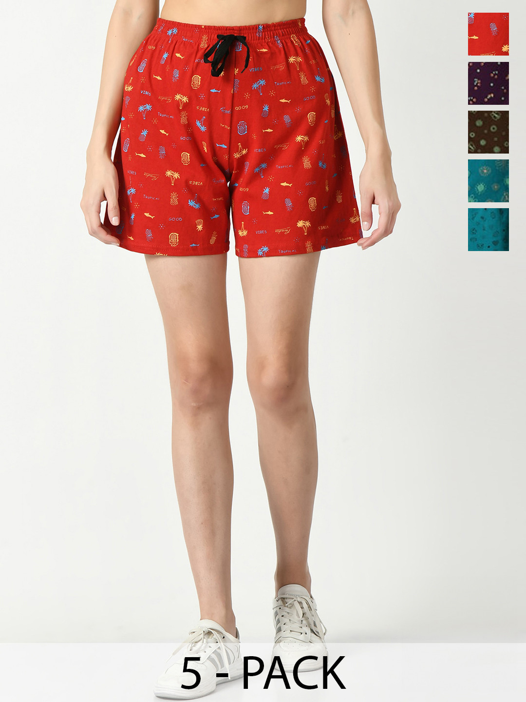 

IndiWeaves Pack Of 5 Printed High-Rise Cotton Shorts, Red
