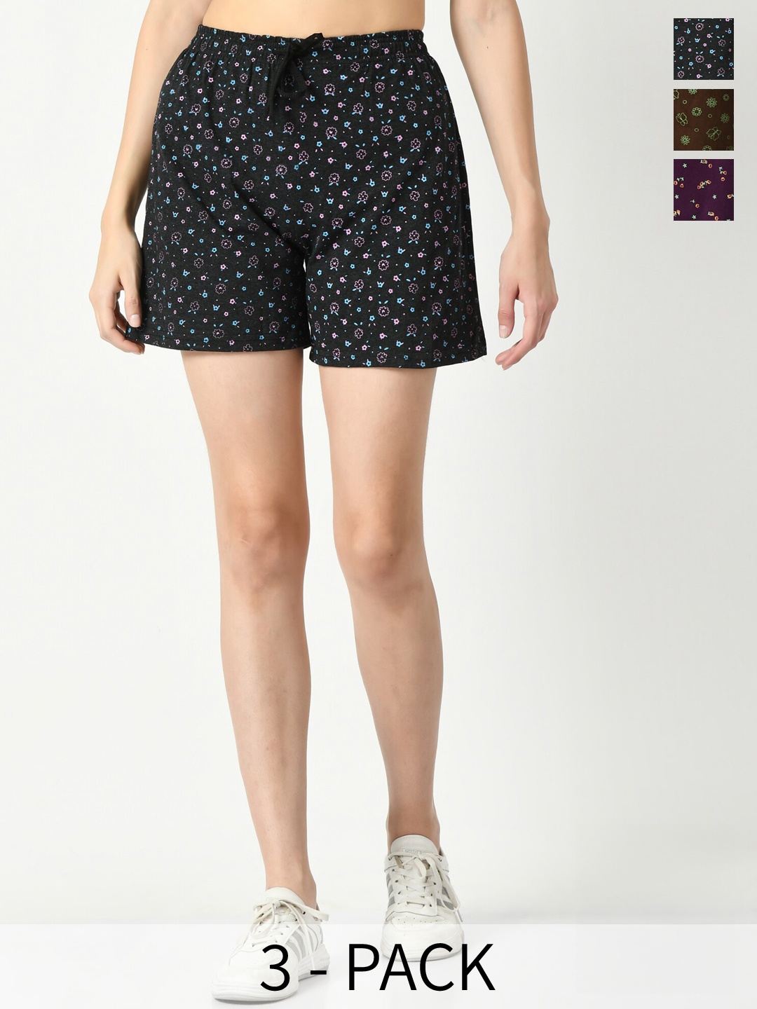 

IndiWeaves Women Pack Of 3 High-Rise Floral Printed Pure Cotton Shorts, Black