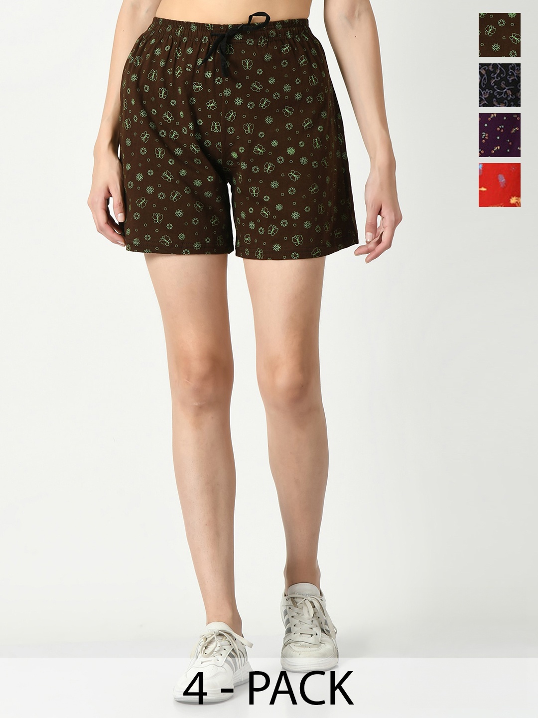 

IndiWeaves Women Pack Of 4 Printed High-Rise Pure Cotton Regular Shorts, Brown