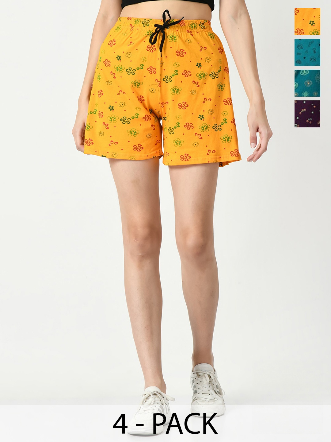 

IndiWeaves Pack Of 4 Floral Printed High-Rise Pure Cotton Shorts, Yellow