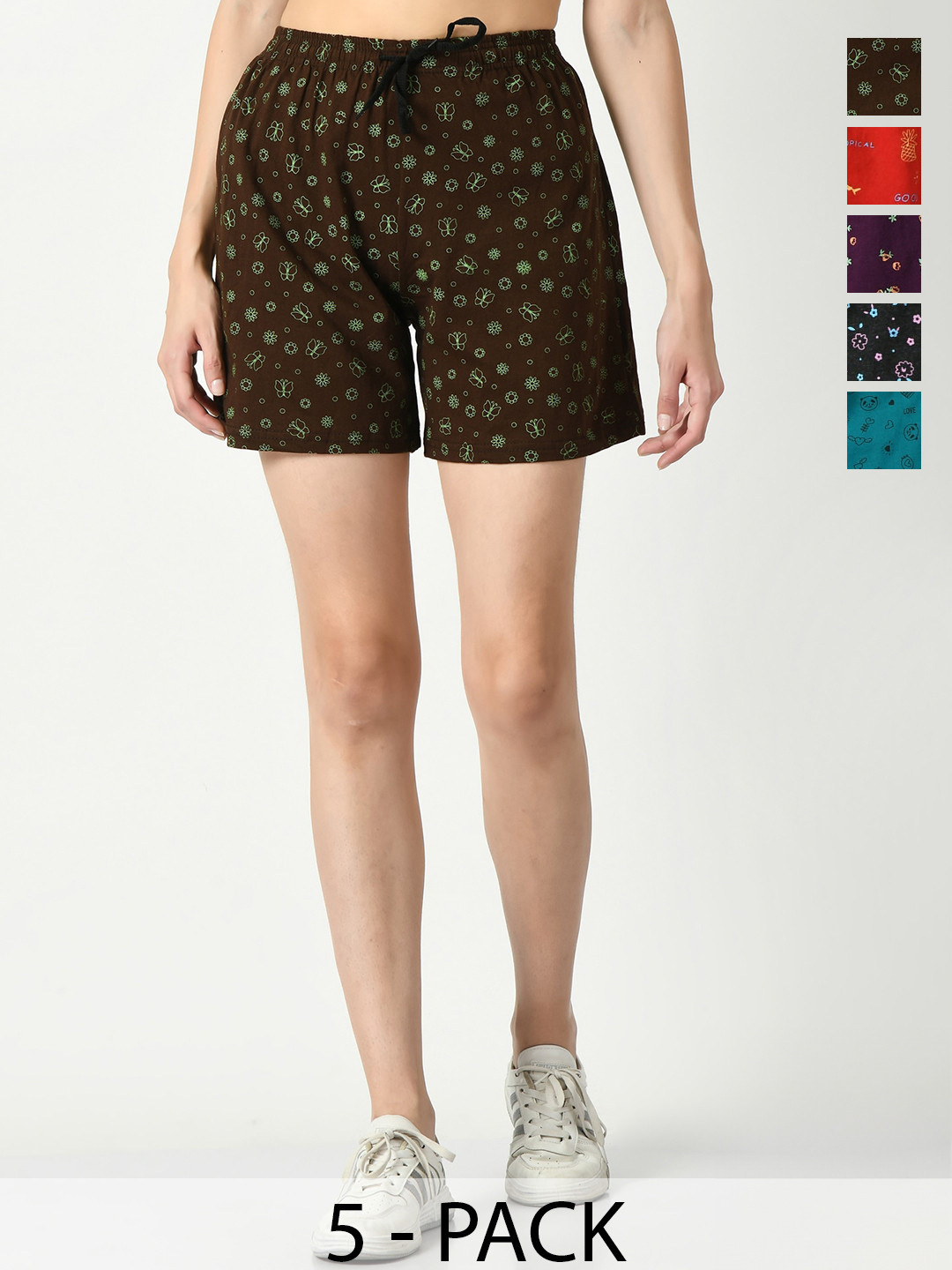 

IndiWeaves Women Pack Of 5 Floral Printed Pure Cotton Hot Pants Shorts, Teal