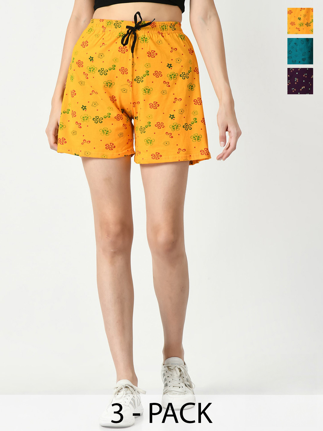 

IndiWeaves Women Pack Of 3 Floral Printed High-Rise Pure Cotton Shorts, Yellow