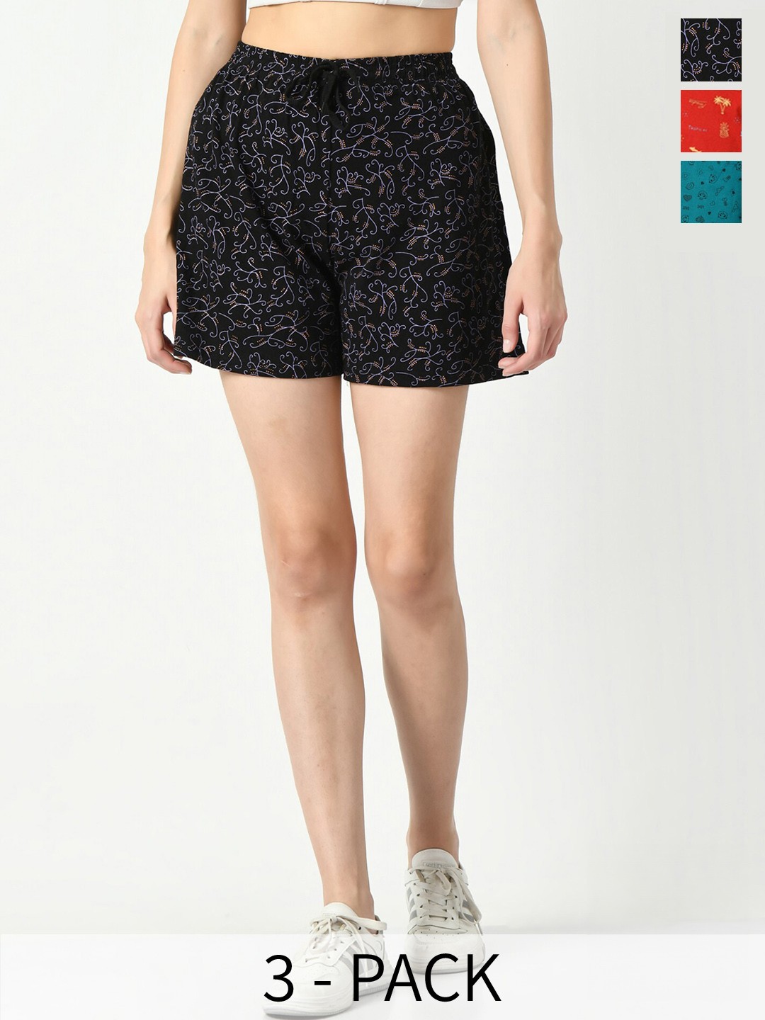 

IndiWeaves Women Pack Of 3 High-Rise Floral Printed Pure Cotton Shorts, Black