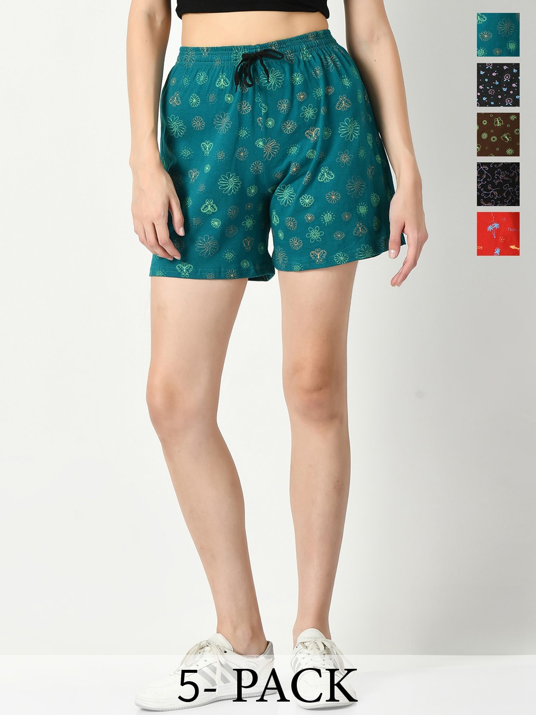 

IndiWeaves Women Pack Of 5 Floral Printed High-Rise Pure Cotton Shorts, Teal
