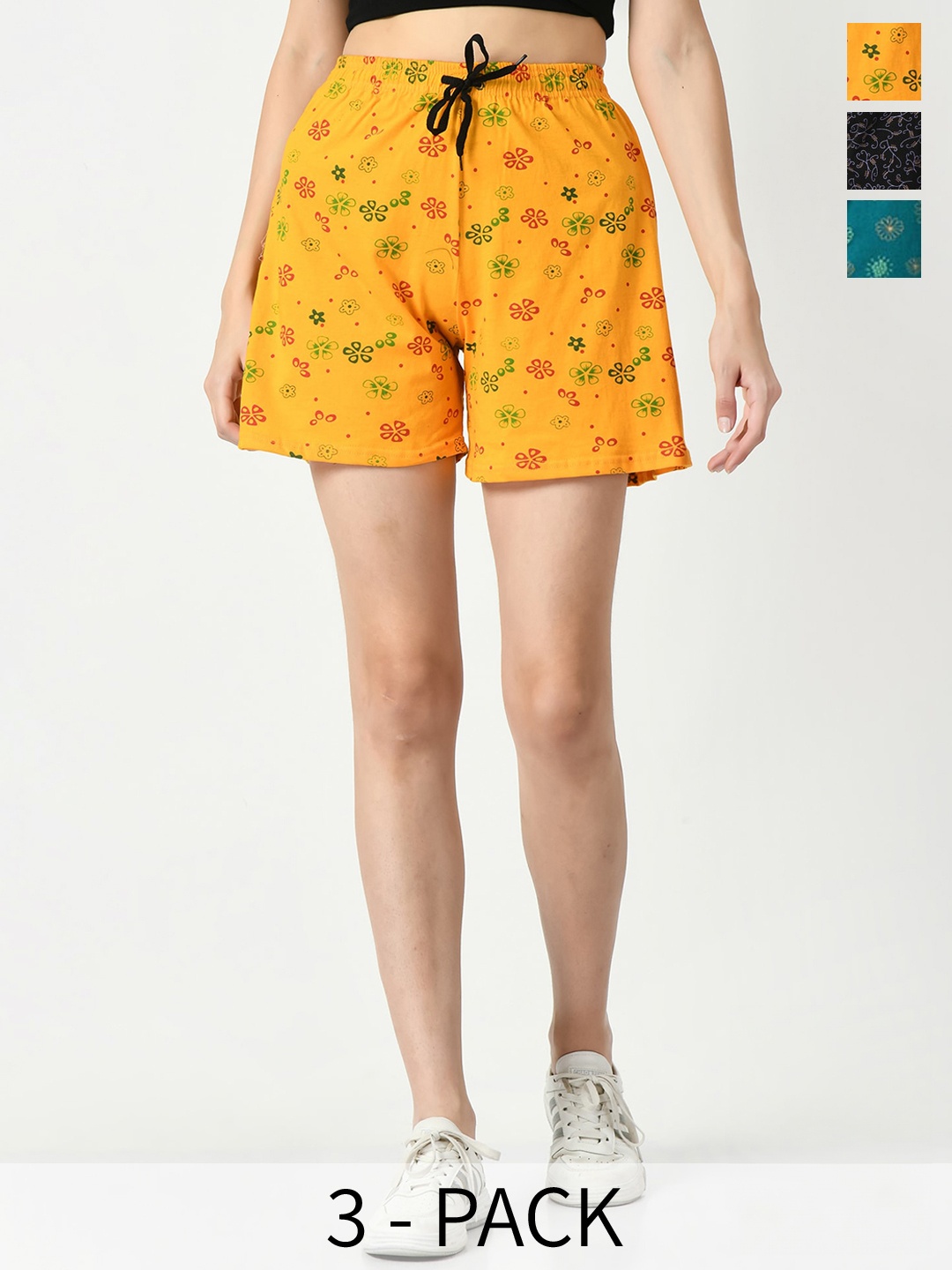

IndiWeaves Pack Of 3 Floral Printed High-Rise Pure Cotton Shorts, Yellow