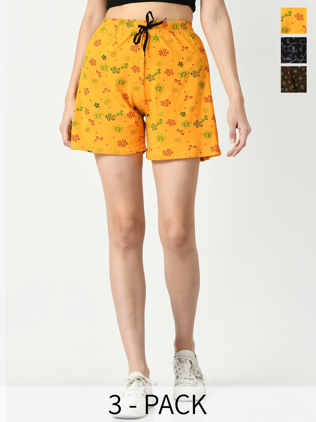 

IndiWeaves Women Pack Of 3 Floral Printed High-Rise Pure Cotton Shorts, Yellow