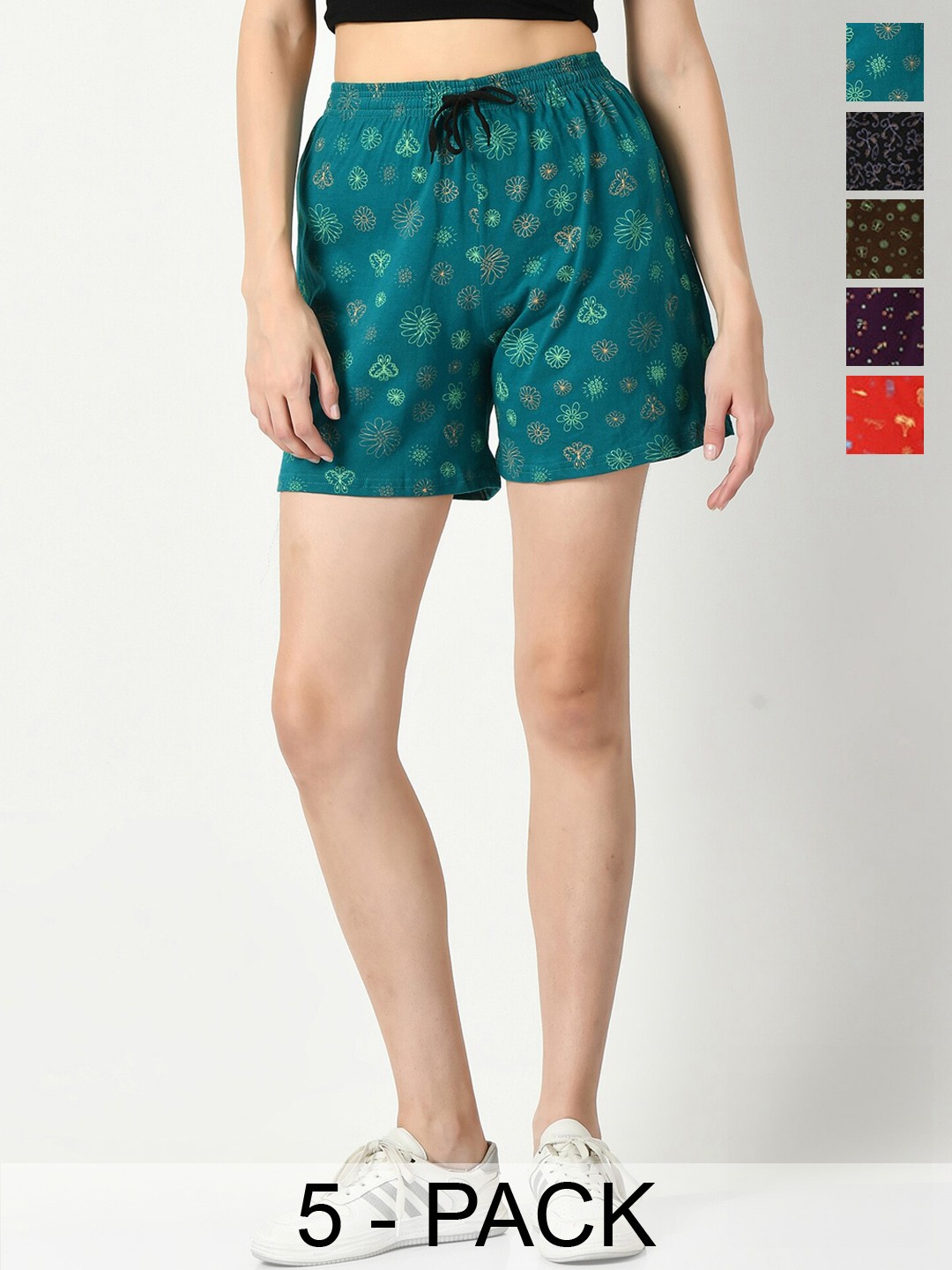 

IndiWeaves Women Pack Of 5 High-Rise Floral Printed Pure Cotton Shorts, Teal