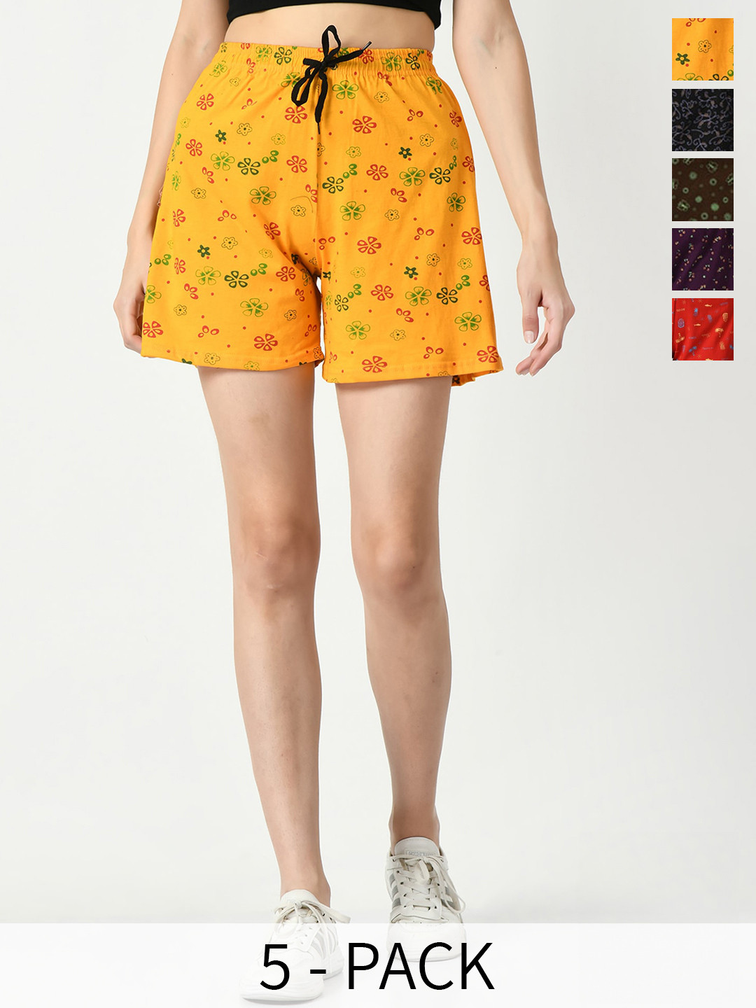 

IndiWeaves Women Pack Of 5 Floral Printed Pure Cotton Hot Pants Shorts, Yellow