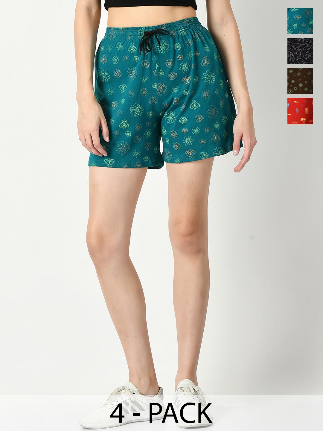 

IndiWeaves Women Pack Of 4 Printed High-Rise Pure Cotton Regular Shorts, Blue