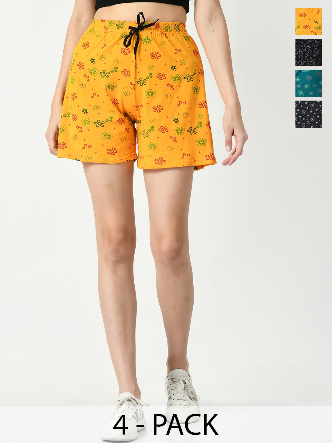 

IndiWeaves Women Pack Of 4 Printed Regular Fit High-Rise Cotton Shorts, Yellow