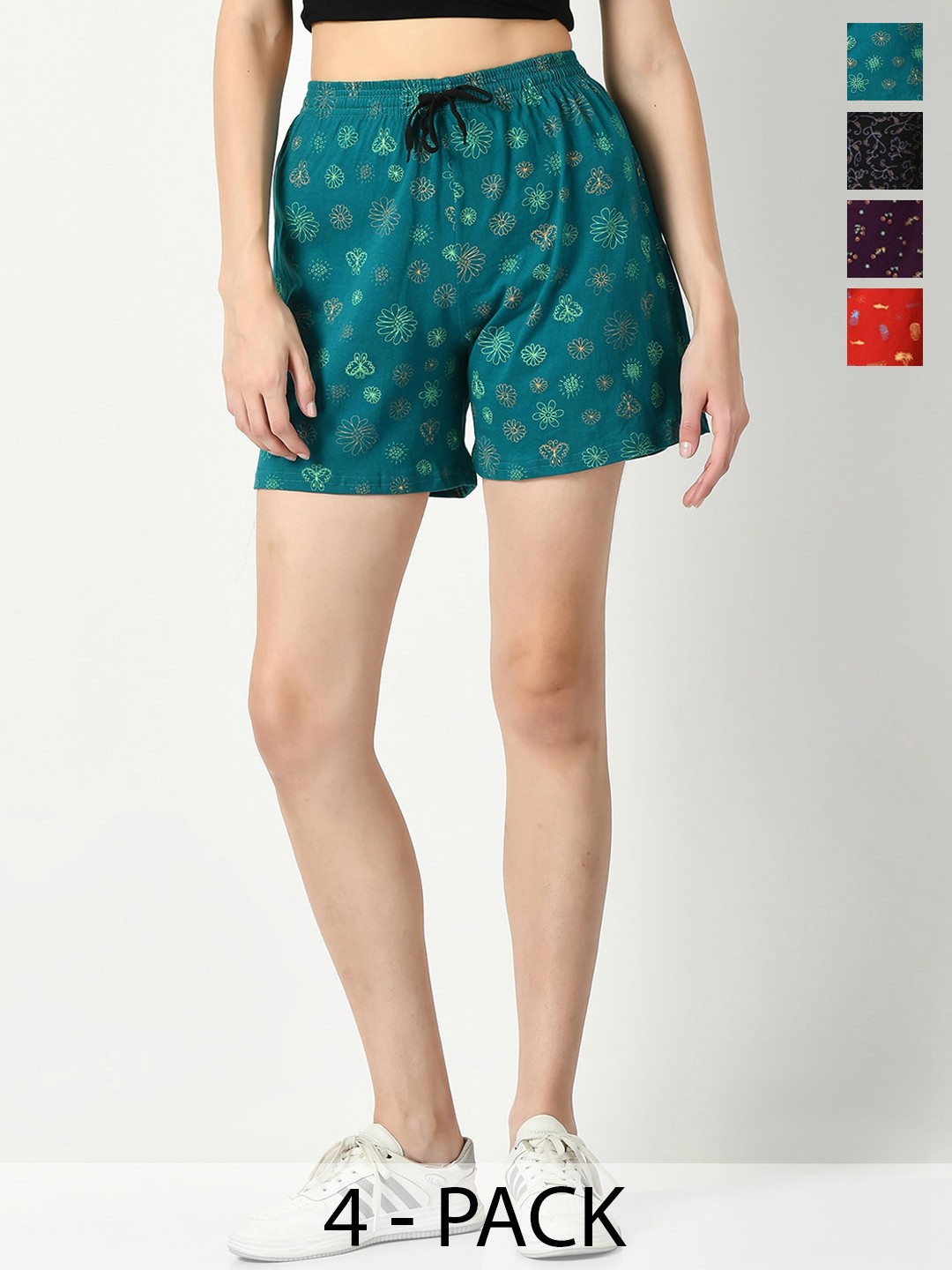 

IndiWeaves Women Pack Of 4 Printed High-Rise Pure Cotton Regular Shorts, Blue