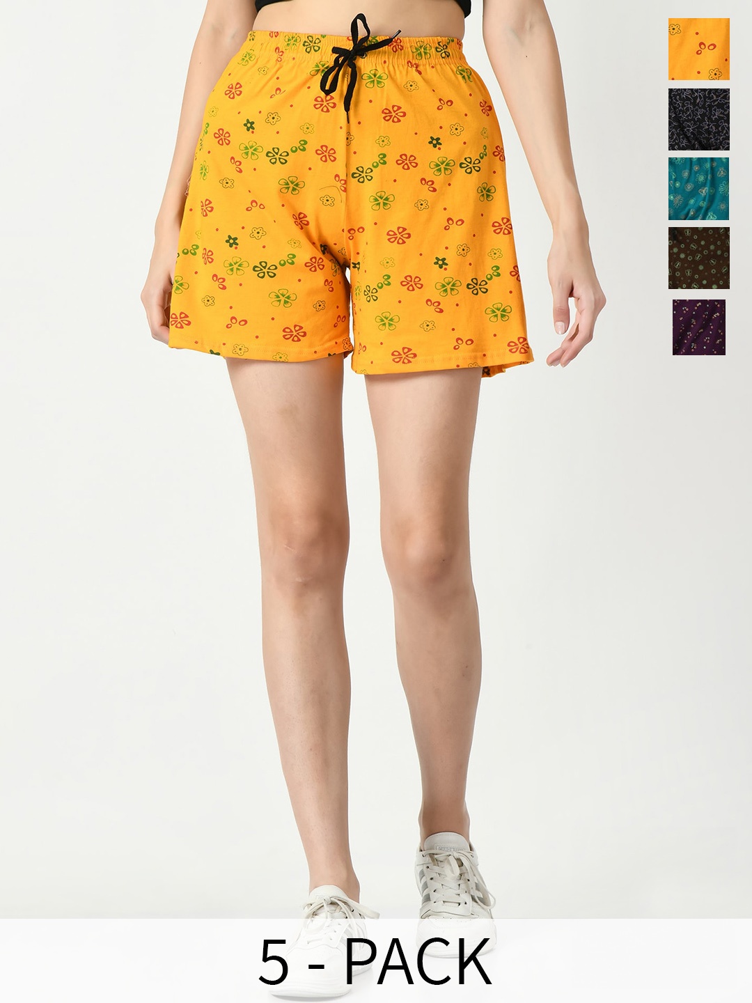 

IndiWeaves Women Pack Of 5 Floral Printed High-Rise Pure Cotton Shorts, Yellow