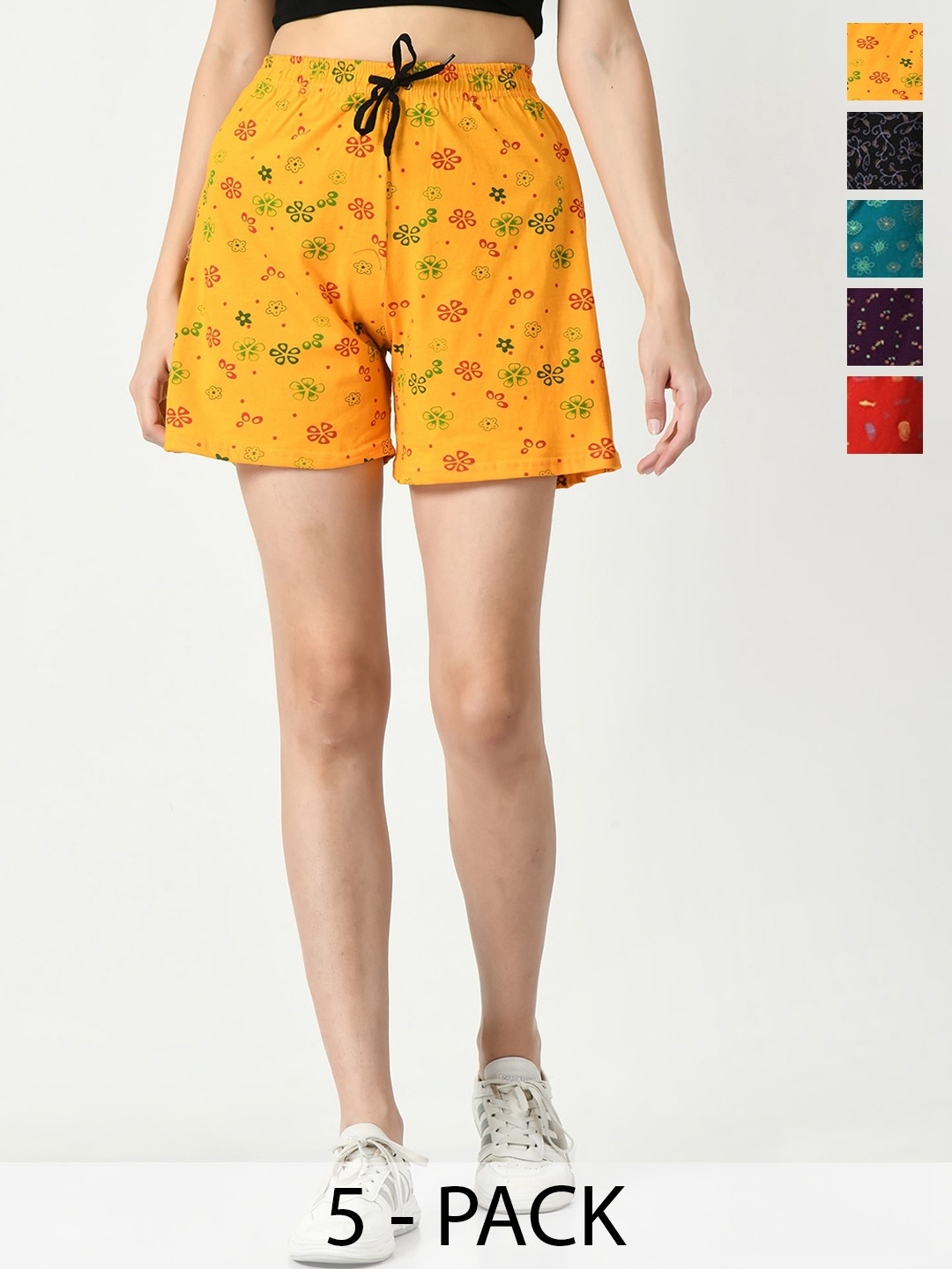 

IndiWeaves Pack of 5 Women Conversational Printed High-Rise Cotton Shorts, Yellow