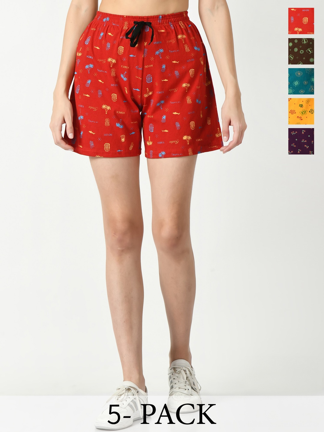 

IndiWeaves Women Pack Of 5 Printed High-Rise Pure Cotton Regular Shorts, Red