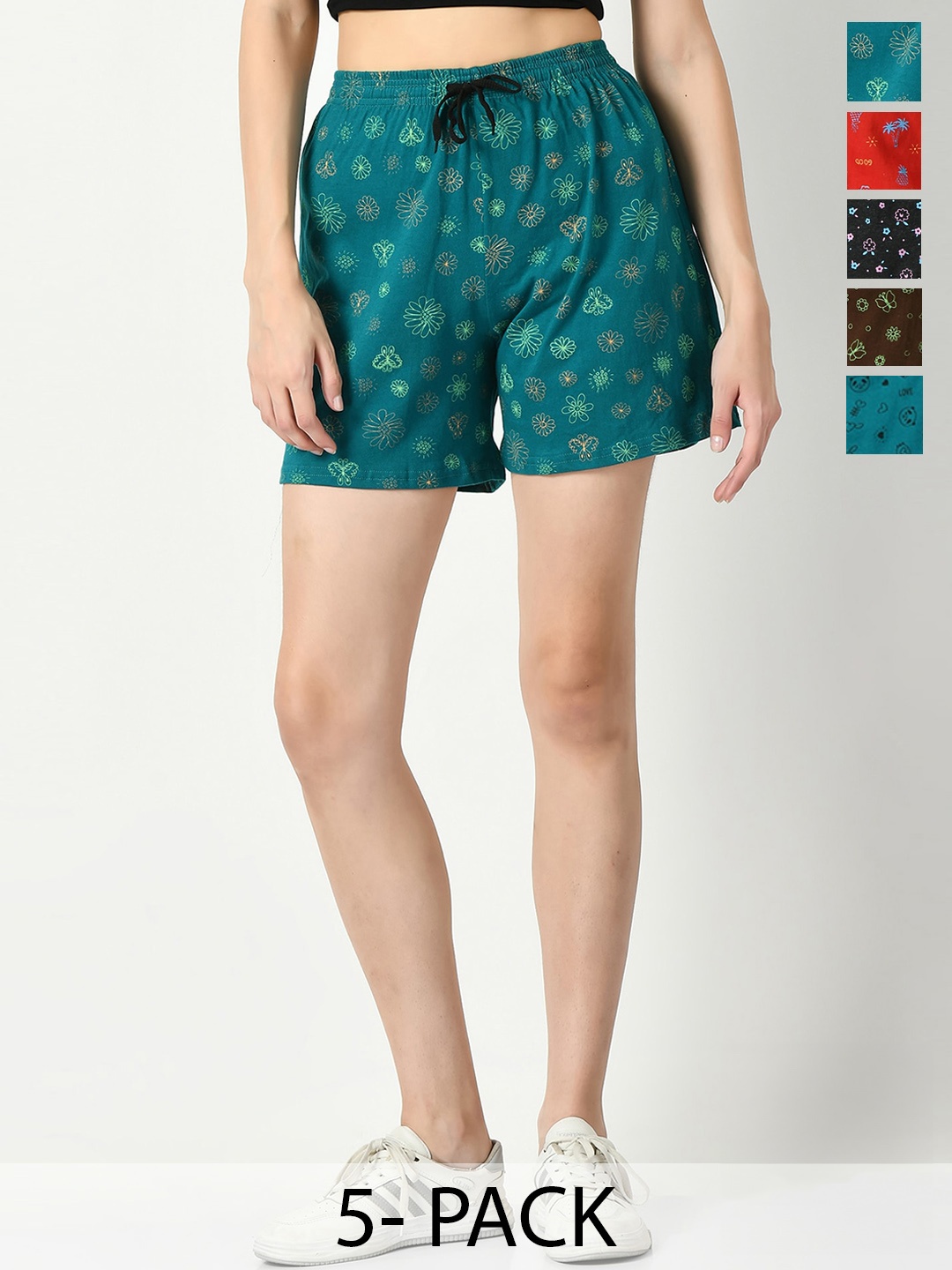 

IndiWeaves Women Pack Of 5 Printed High-Rise Shorts, Teal