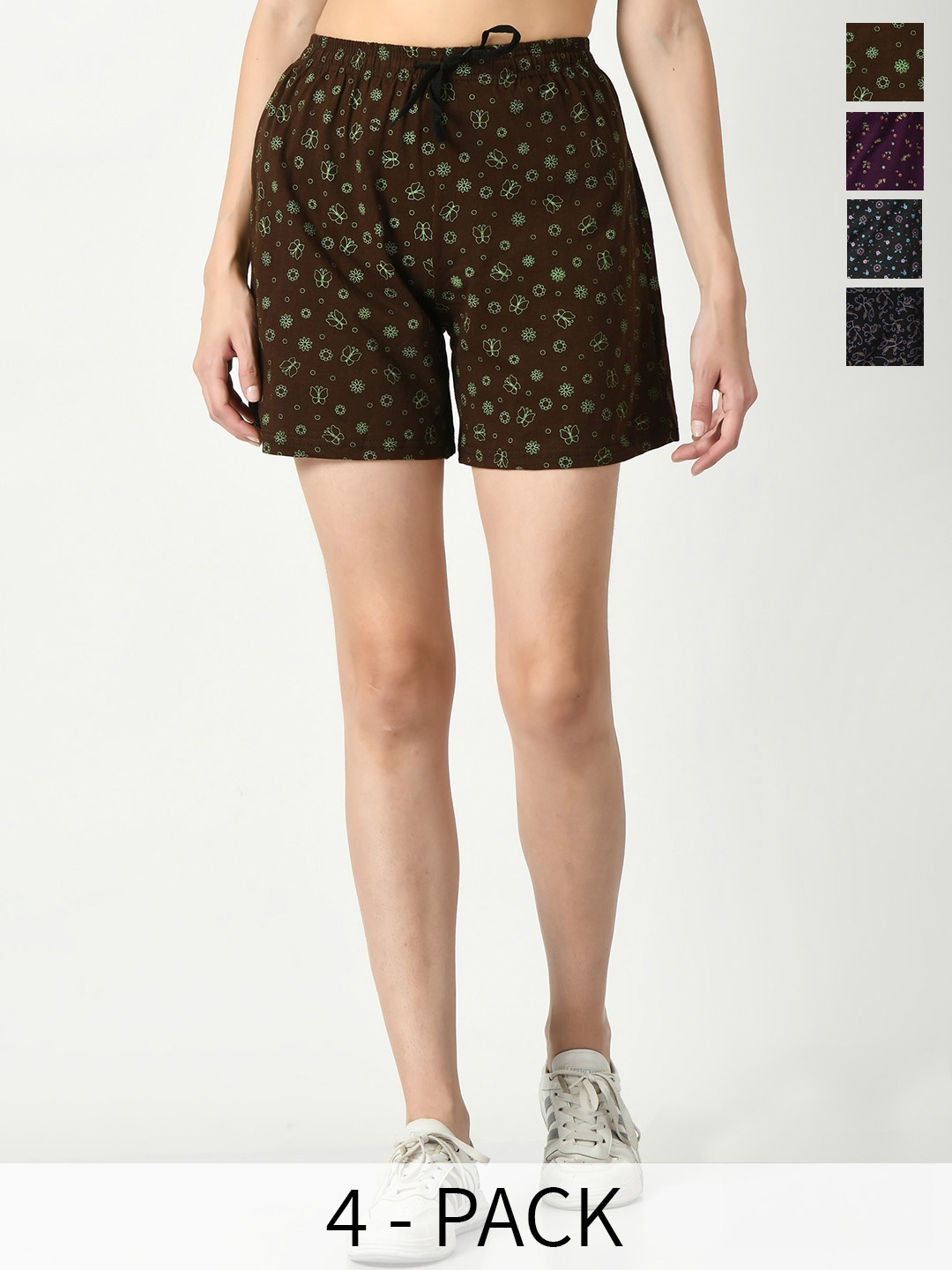 

IndiWeaves Women Pack Of 4 Floral Printed High-Rise Pure Cotton Shorts, Brown